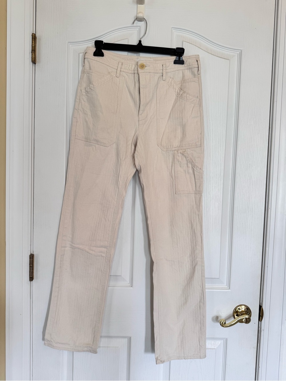 Anthropologie Women’s Cream Cargo Carpenter Straight Textured Pants Size 27